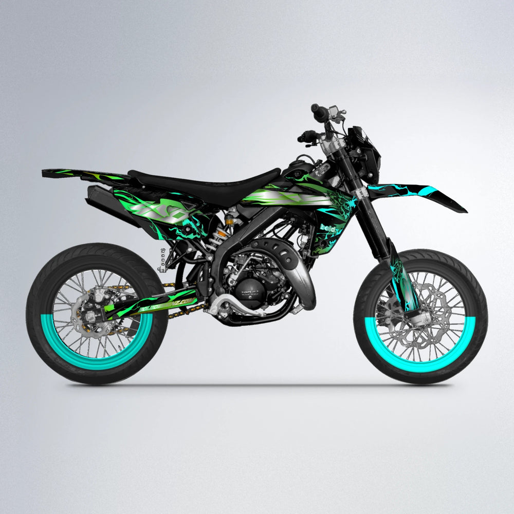 NEMESIS Rieju MRT supermoto graphics kit in Cyan & Green
