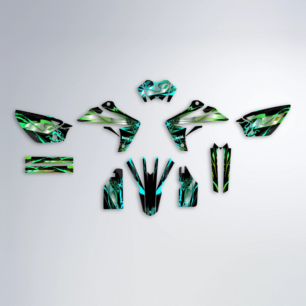 NEMESIS Rieju MRT graphics kit parts layout in Cyan & Green