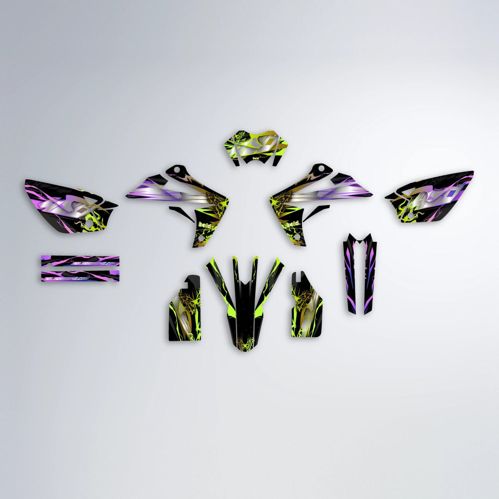 NEMESIS Rieju MRT graphics kit parts layout in Purple & Yellow