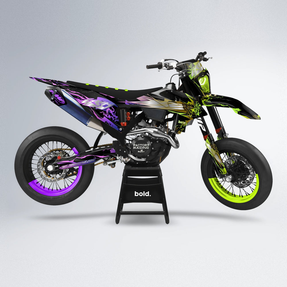 NEMESIS supermoto graphics kit in Purple & Fluo Yellow