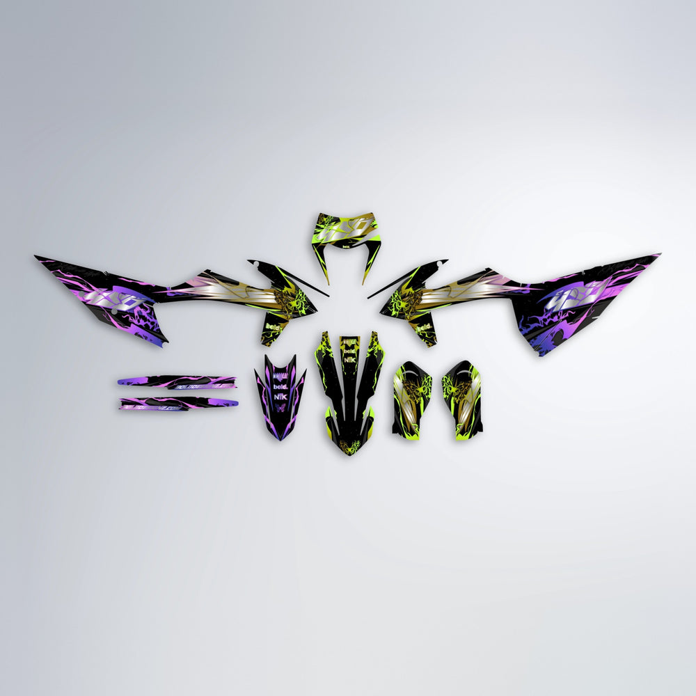 NEMESIS graphics kit parts layout in Purple & Fluo Yellow