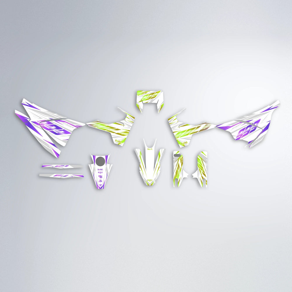 NEXUS Husqvarna 701 graphics kit parts layout in Purple & Yellow