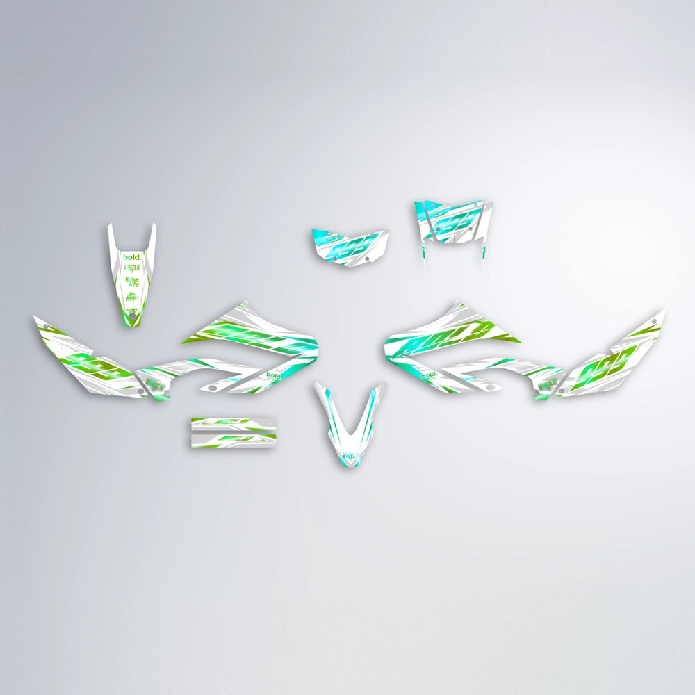 NEXUS Yamaha WR 125X graphics kit parts layout in Cyan & Green
