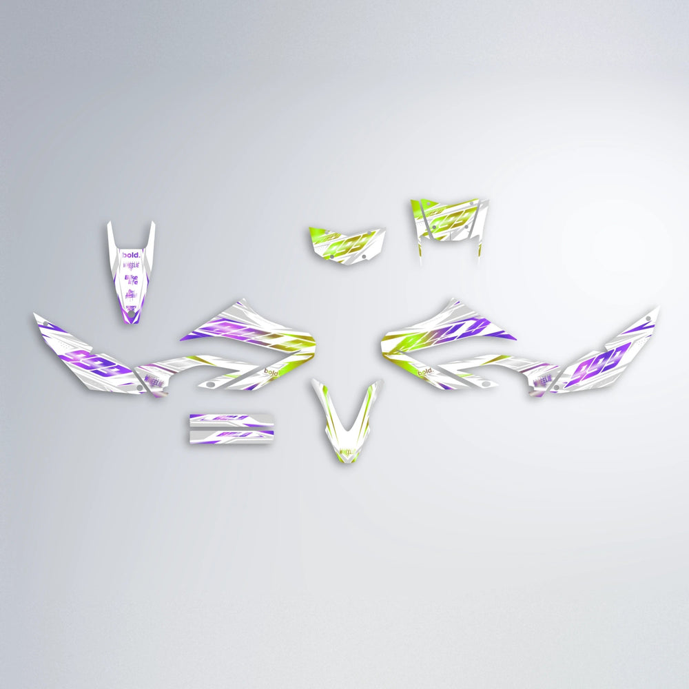 NEXUS Yamaha WR 125X graphics kit parts layout in Purple & Yellow