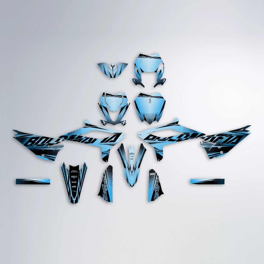 NIGHTFLARE Beta graphics kit parts layout in Light Blue & White