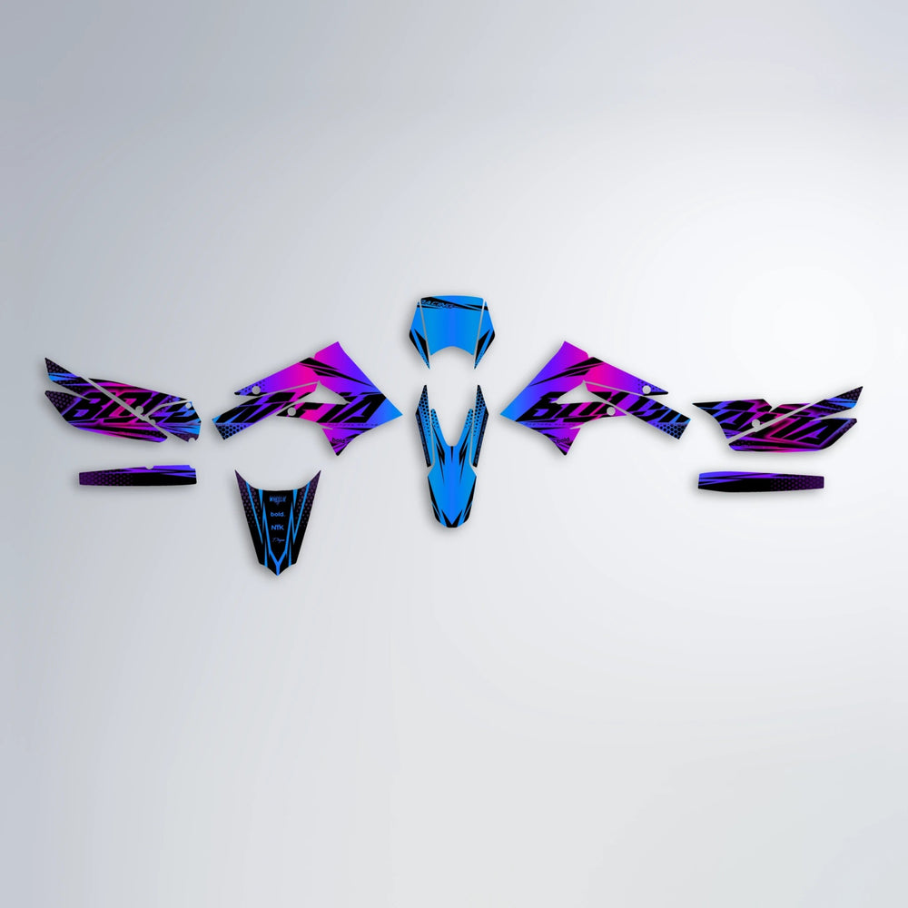 NIGHTFLARE Derbi Senda graphics kit parts layout in Blue Purple Fade