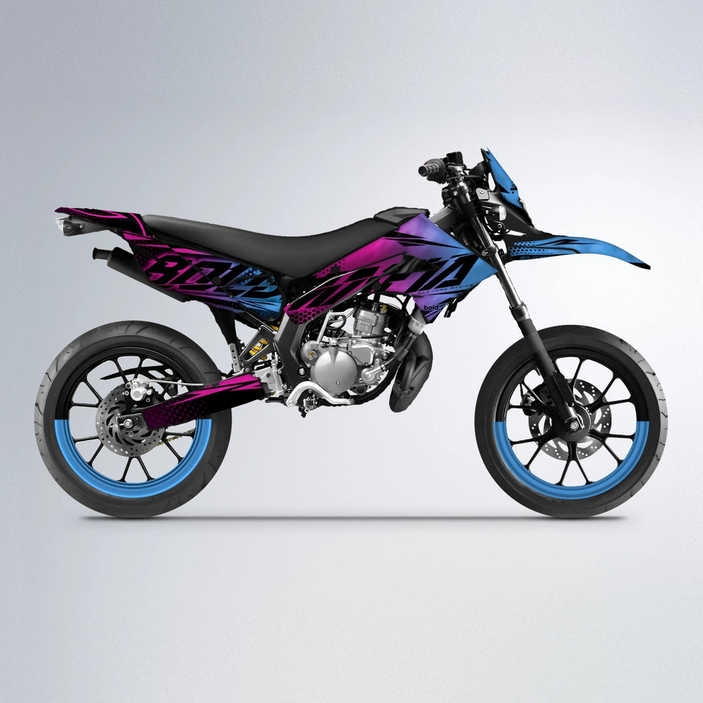 NIGHTFLARE Derbi Senda supermoto graphics kit in Pink & Light Blue