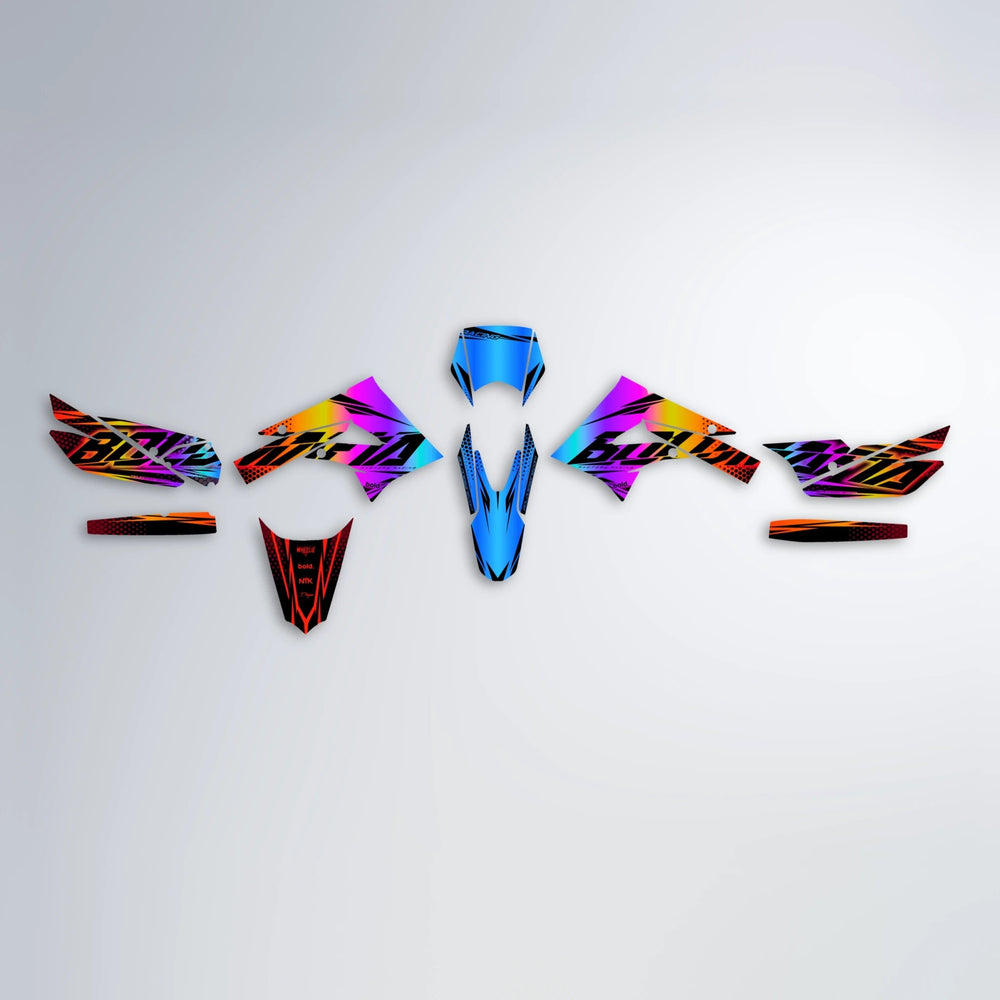 NIGHTFLARE Derbi Senda graphics kit parts layout in Sunset Fade