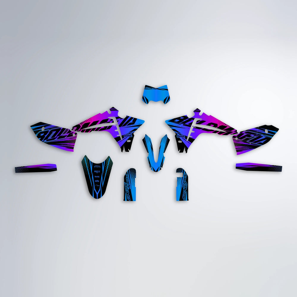 NIGHTFLARE Fantic graphics kit parts layout in Blue Purple Fade
