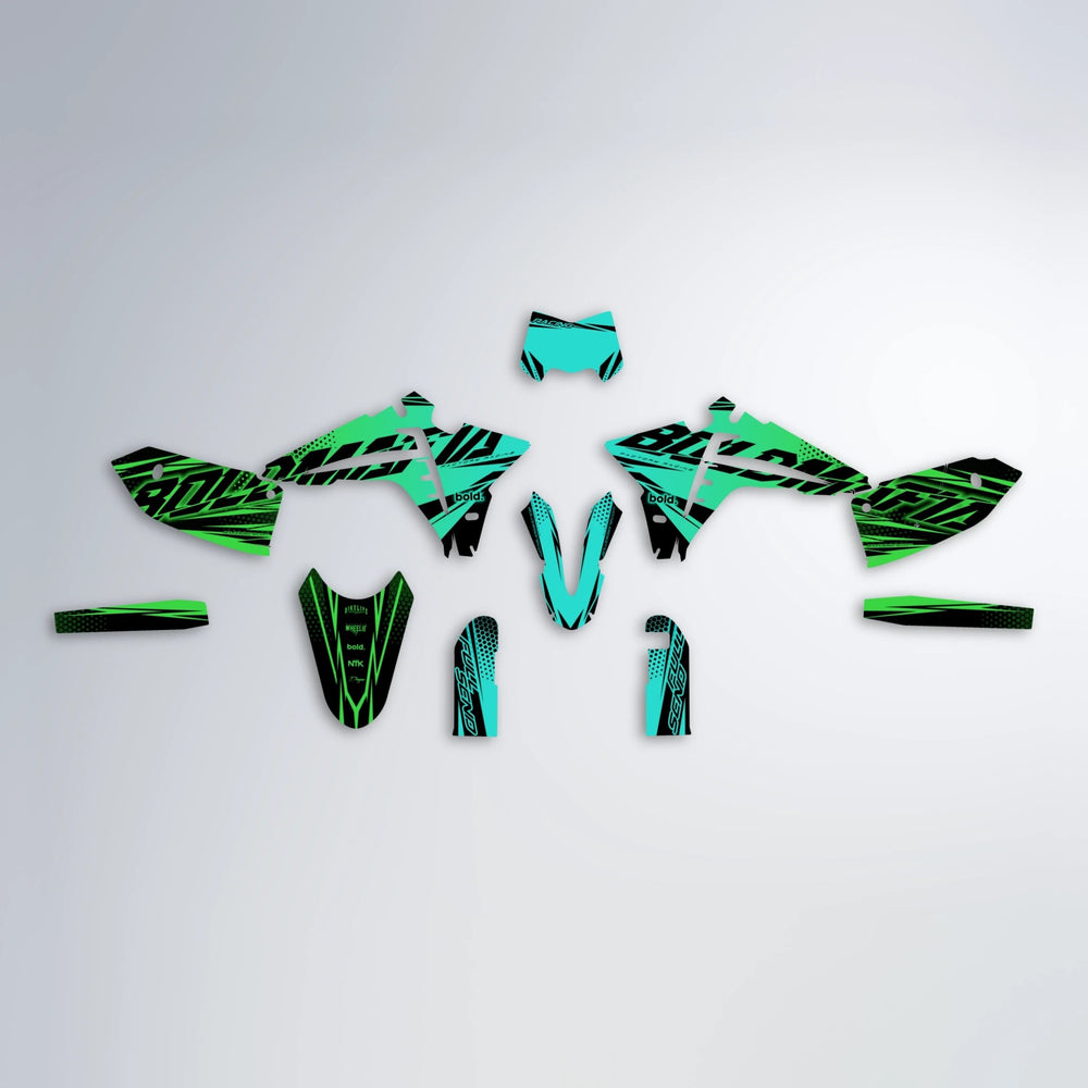 NIGHTFLARE Fantic graphics kit parts layout in Cyan & Green