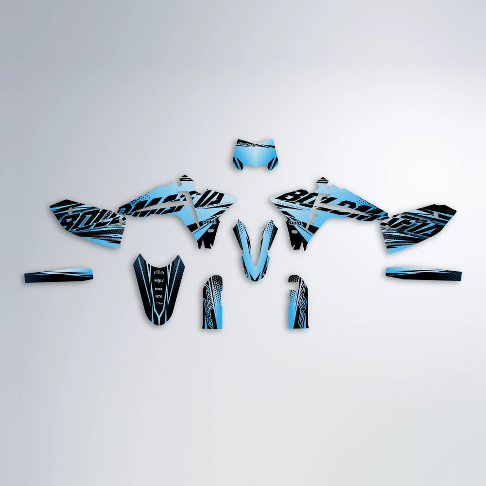 NIGHTFLARE Fantic graphics kit parts layout in Light Blue & White