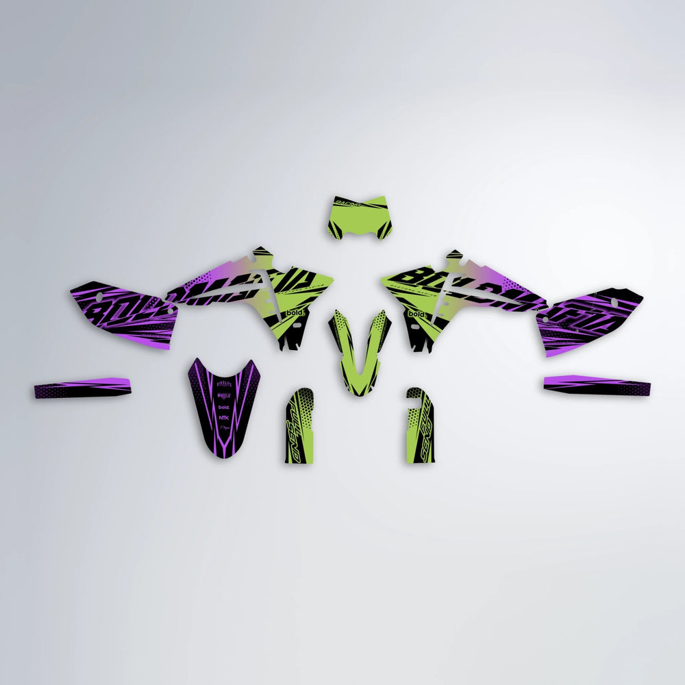 NIGHTFLARE Fantic graphics kit parts layout in Purple & Yellow