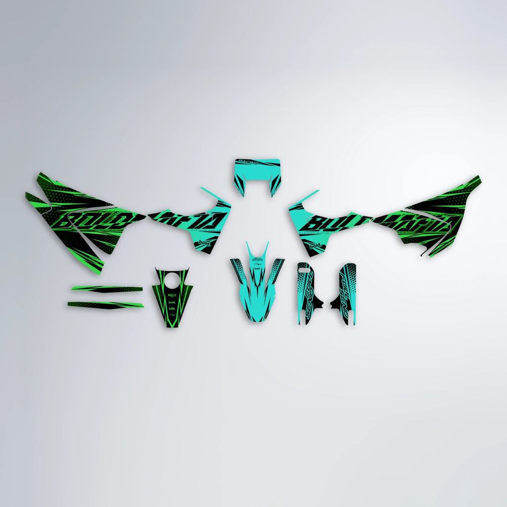 NIGHTFLARE Husqvarna 701 graphics kit parts layout in Cyan & Green