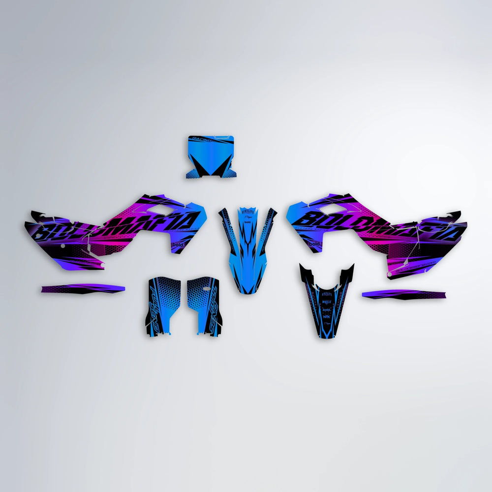 NIGHTFLARE Husqvarna FE/TE graphics kit parts layout in Blue Purple Fade