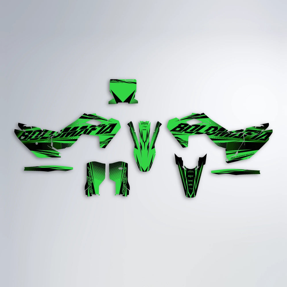 NIGHTFLARE Husqvarna FE/TE graphics kit parts layout in Green
