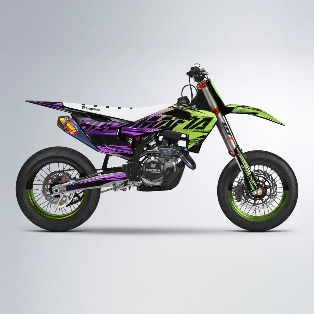 NIGHTFLARE Husqvarna FE/TE supermoto graphics kit in Purple & Yellow