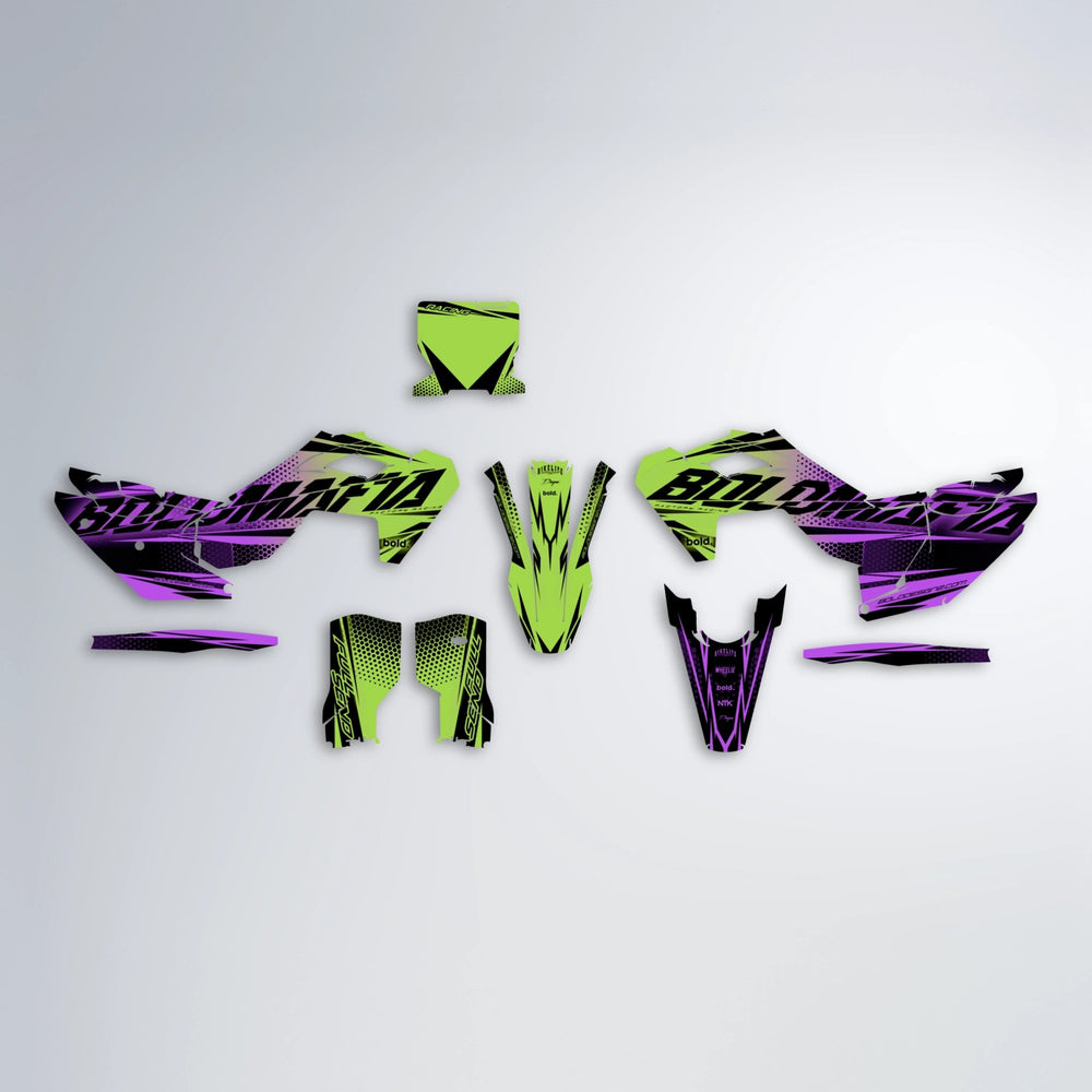 NIGHTFLARE Husqvarna FE/TE graphics kit parts layout in Purple & Yellow