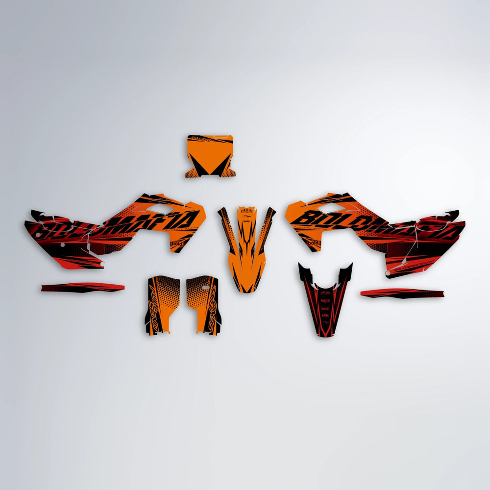 NIGHTFLARE Husqvarna FE/TE graphics kit parts layout in Red & Orange