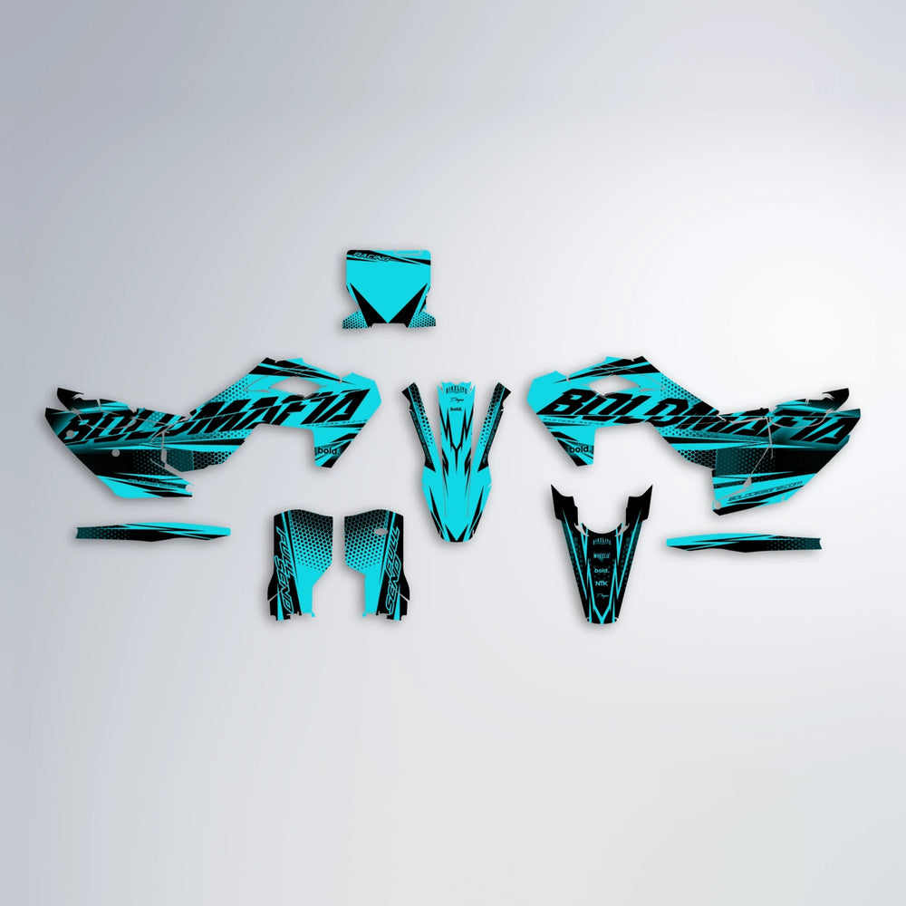 NIGHTFLARE Husqvarna FE/TE graphics kit parts layout in Teal