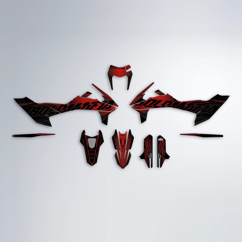 NIGHTFLARE KTM SMC 690 graphics kit parts layout in Black & Red