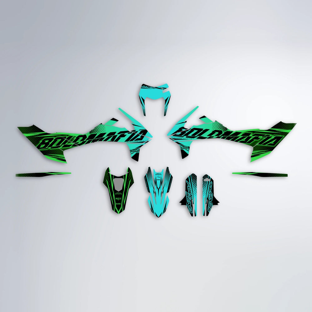 NIGHTFLARE KTM SMC 690 graphics kit parts layout in Cyan & Green