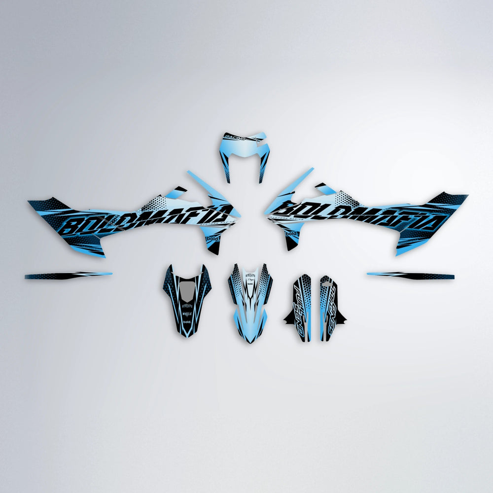 NIGHTFLARE KTM SMC 690 graphics kit parts layout in Light Blue & White