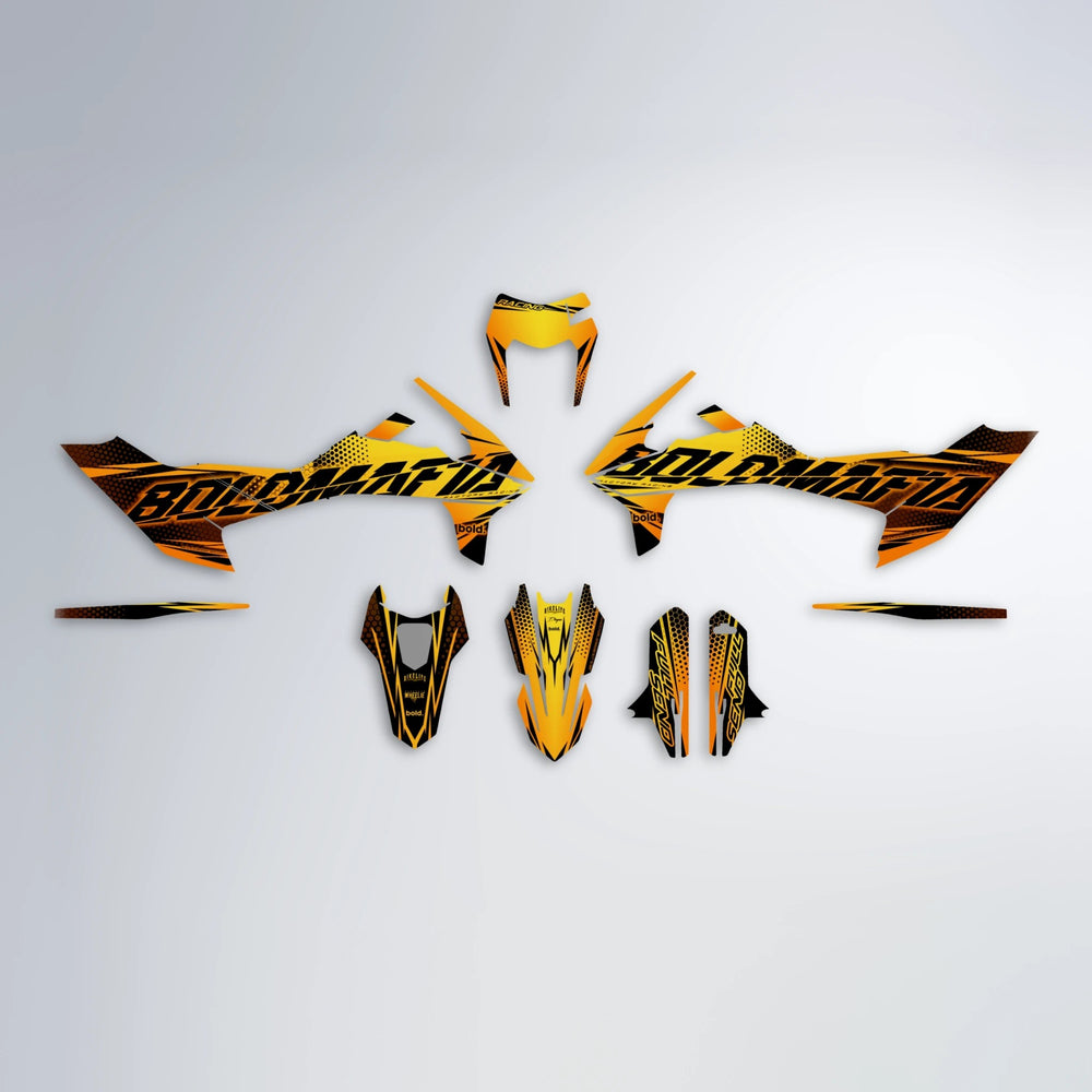 NIGHTFLARE KTM SMC 690 graphics kit parts layout in Orange & Yellow