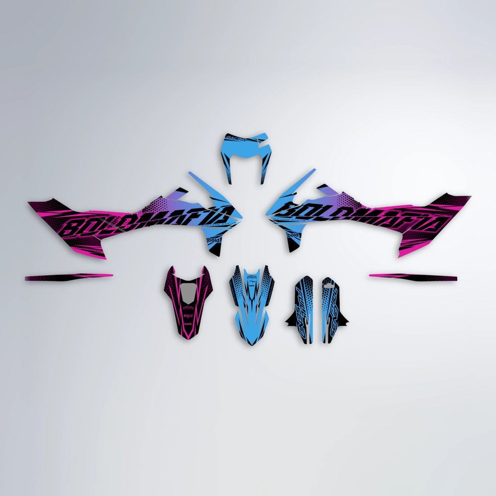 NIGHTFLARE KTM SMC 690 graphics kit parts layout in Pink & Light Blue