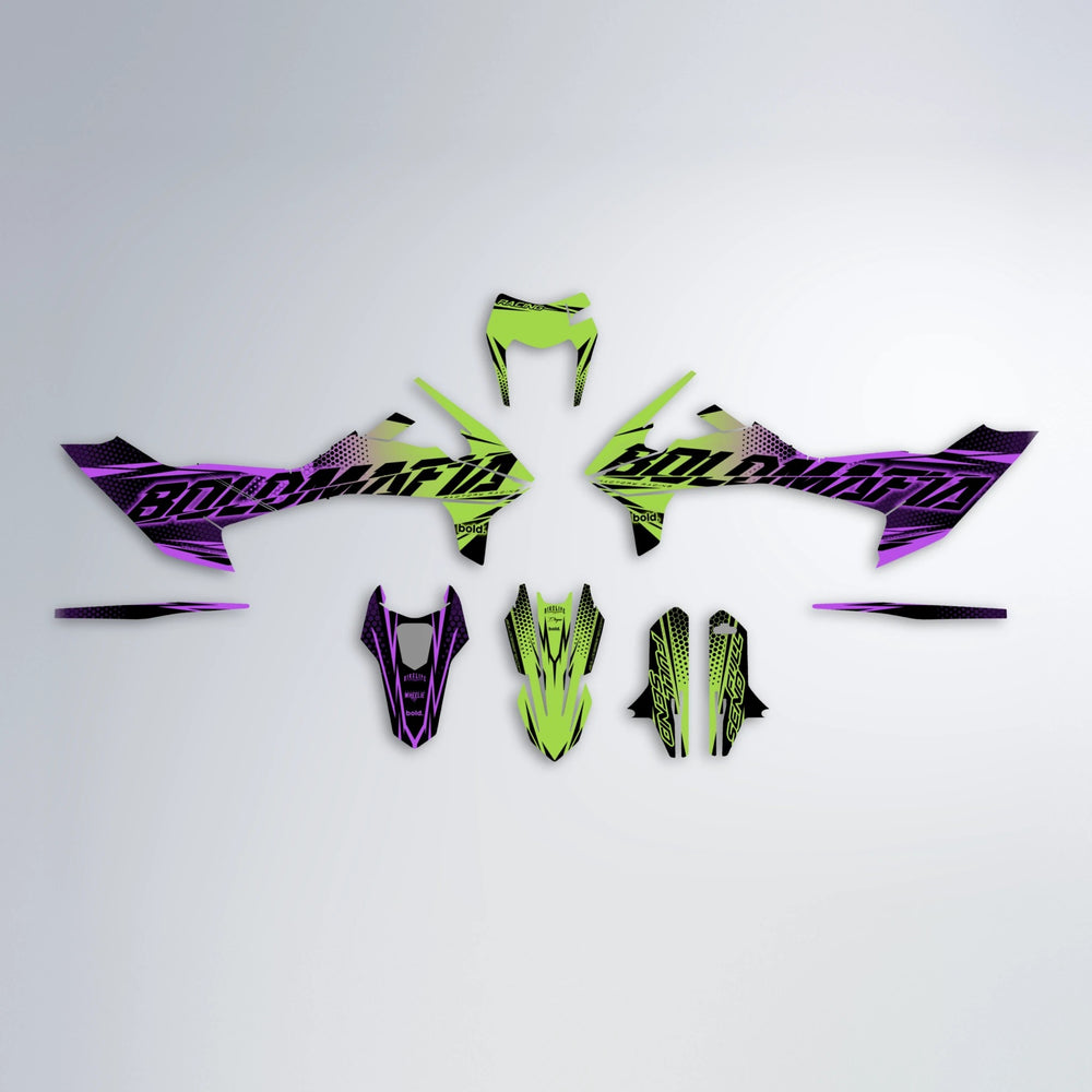 NIGHTFLARE KTM SMC 690 graphics kit parts layout in Purple & Yellow