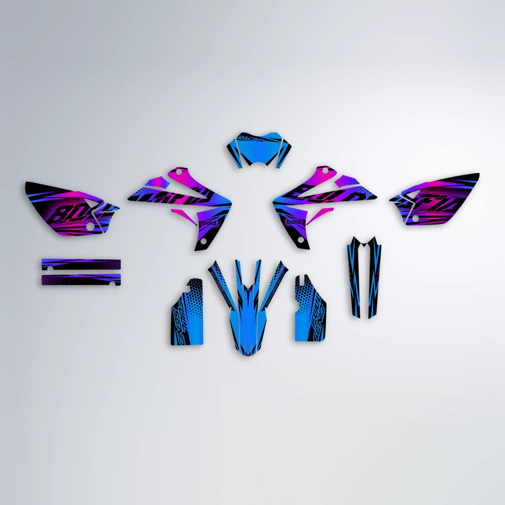 NIGHTFLARE Rieju MRT graphics kit parts layout in Blue Purple Fade