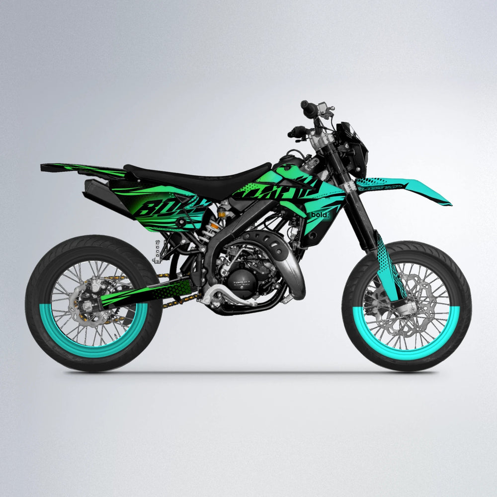 NIGHTFLARE Rieju MRT supermoto graphics kit in Cyan & Green