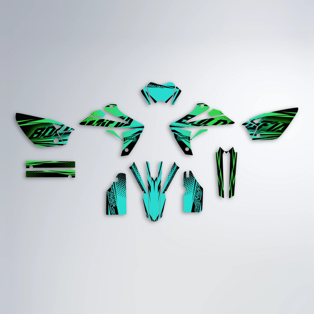 NIGHTFLARE Rieju MRT graphics kit parts layout in Cyan & Green