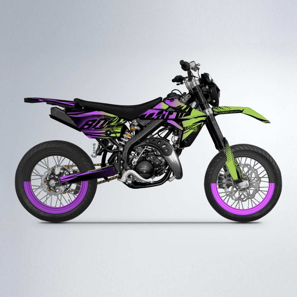 NIGHTFLARE Rieju MRT supermoto graphics kit in Purple & Yellow