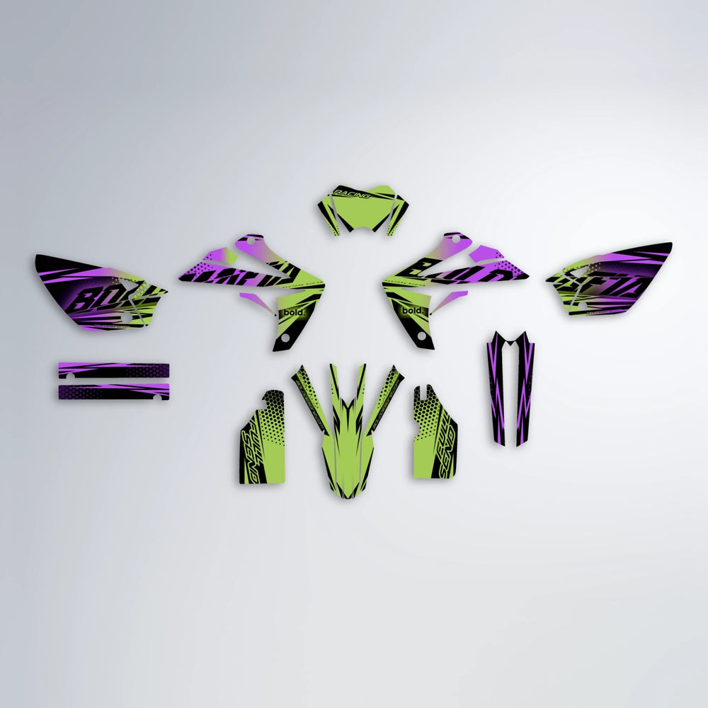 NIGHTFLARE Rieju MRT graphics kit parts layout in Purple & Yellow