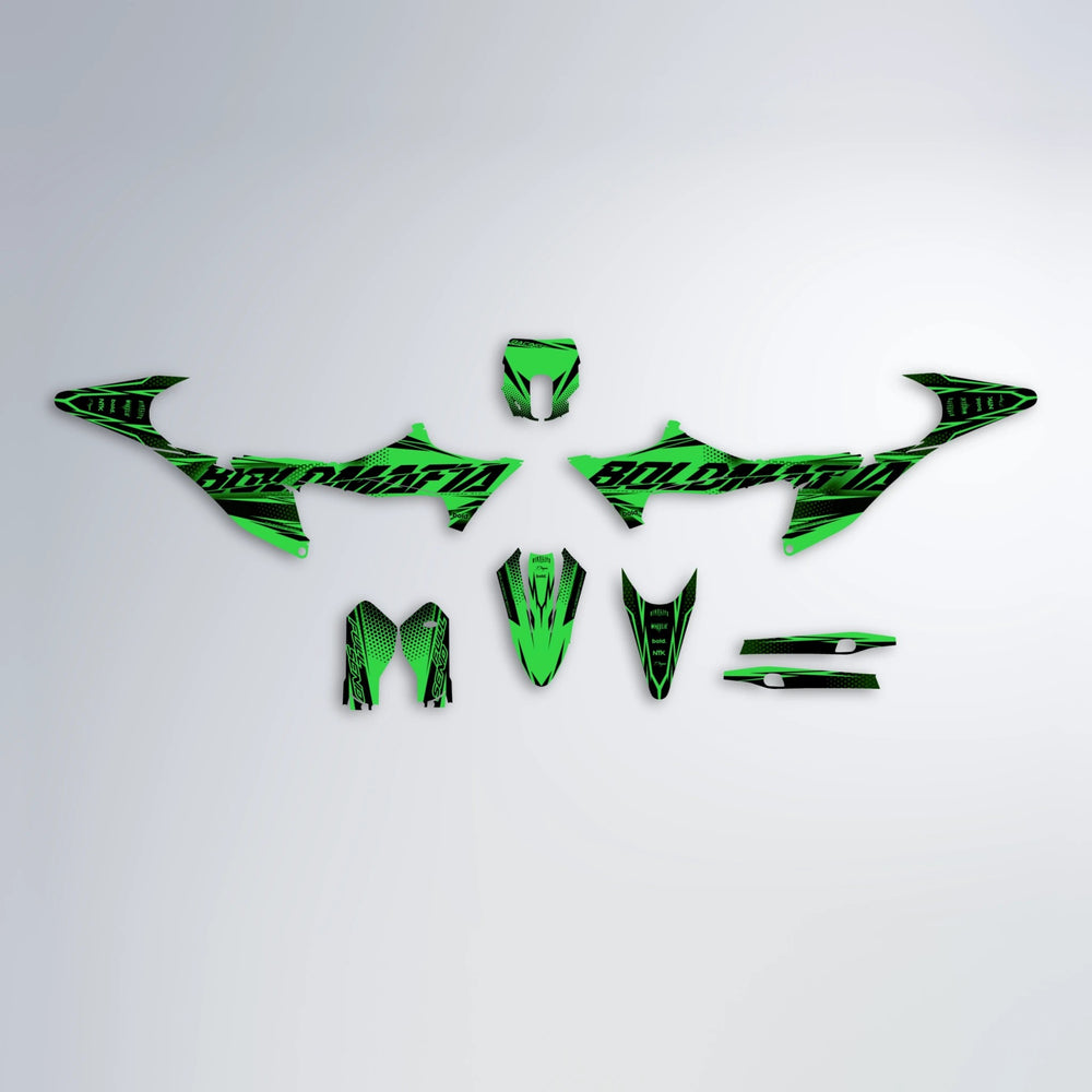 NIGHTFLARE Stark Varg MX graphics kit parts layout in Green