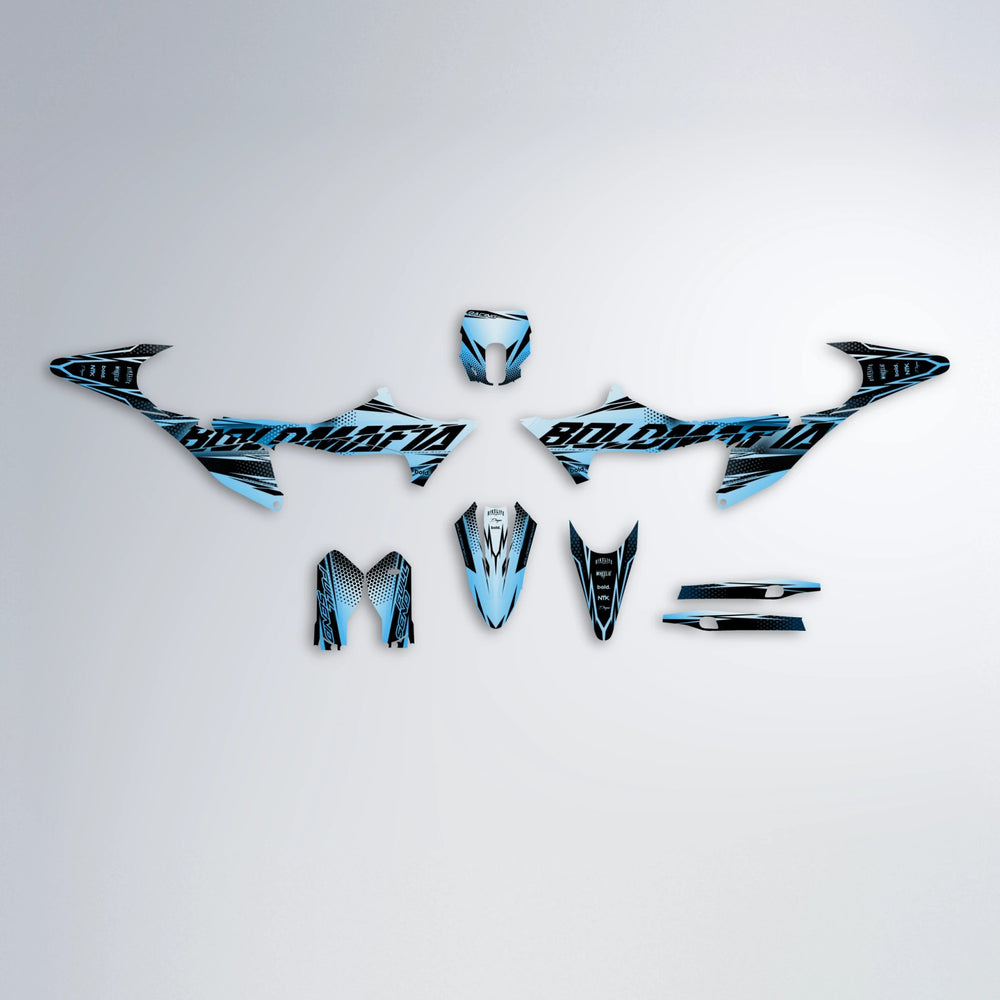 NIGHTFLARE Stark Varg MX graphics kit parts layout in Light Blue & White