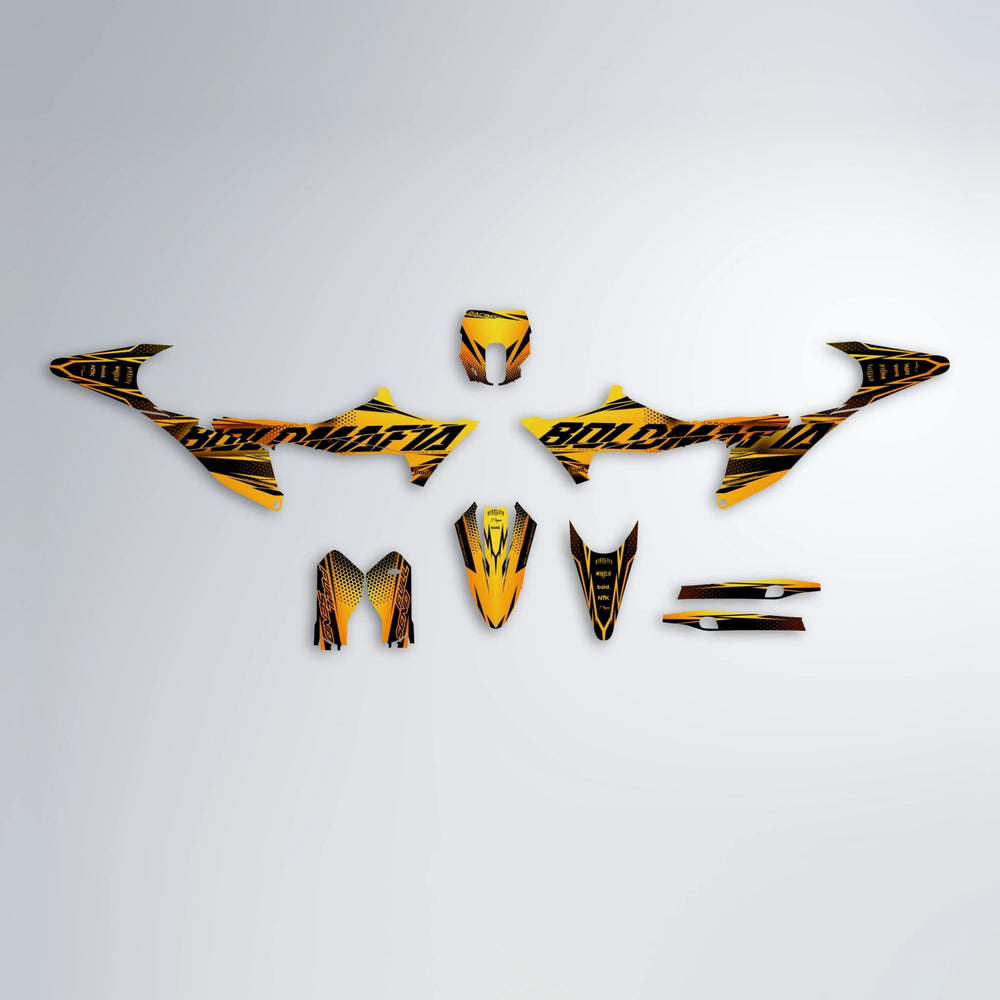 NIGHTFLARE Stark Varg MX graphics kit parts layout in Orange & Yellow