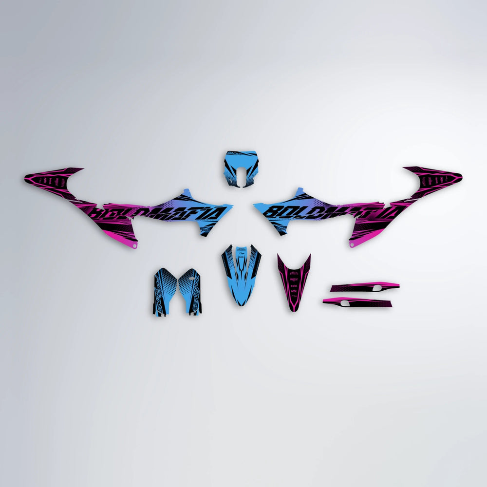 NIGHTFLARE Stark Varg MX graphics kit parts layout in Pink & Light Blue