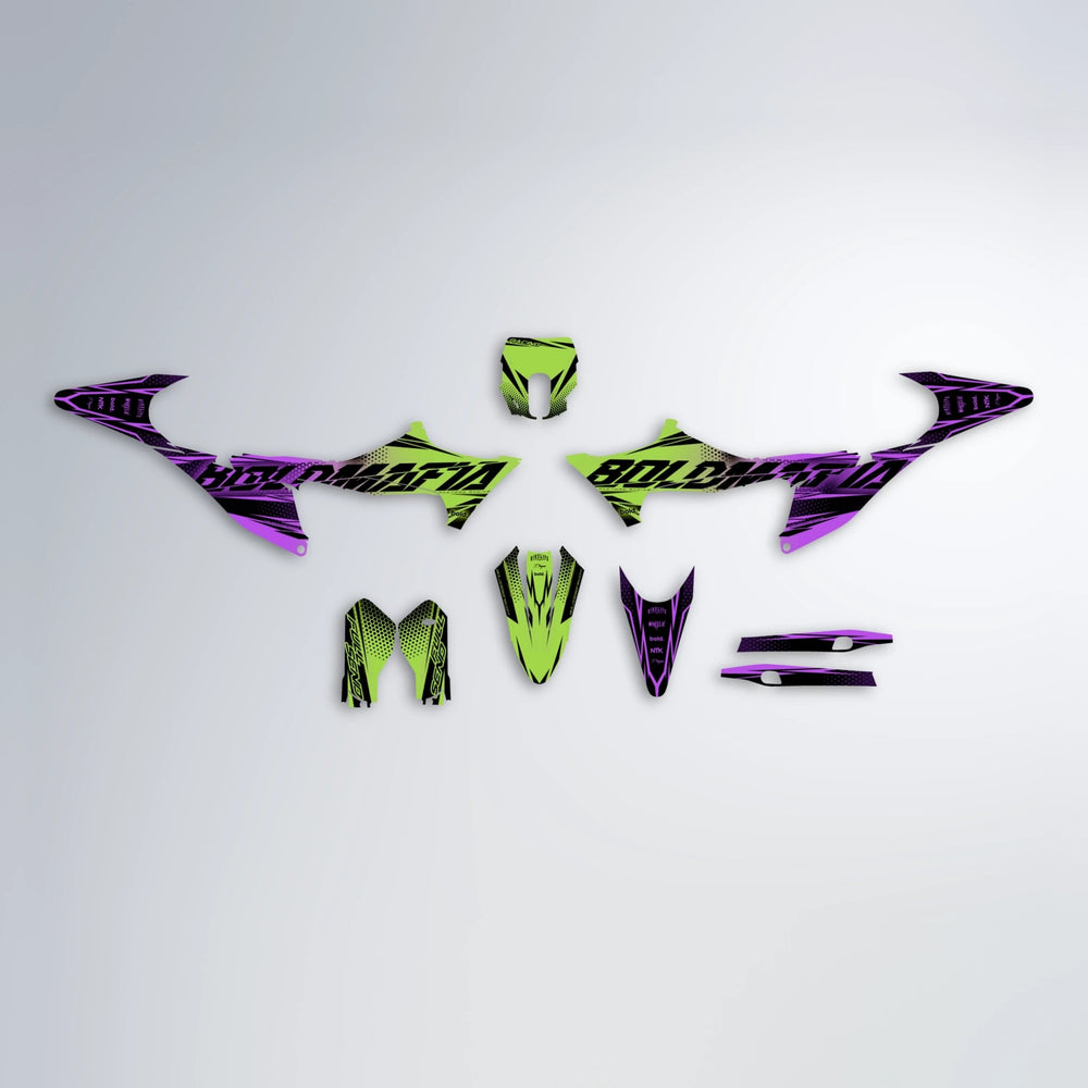 NIGHTFLARE Stark Varg MX graphics kit parts layout in Purple & Yellow