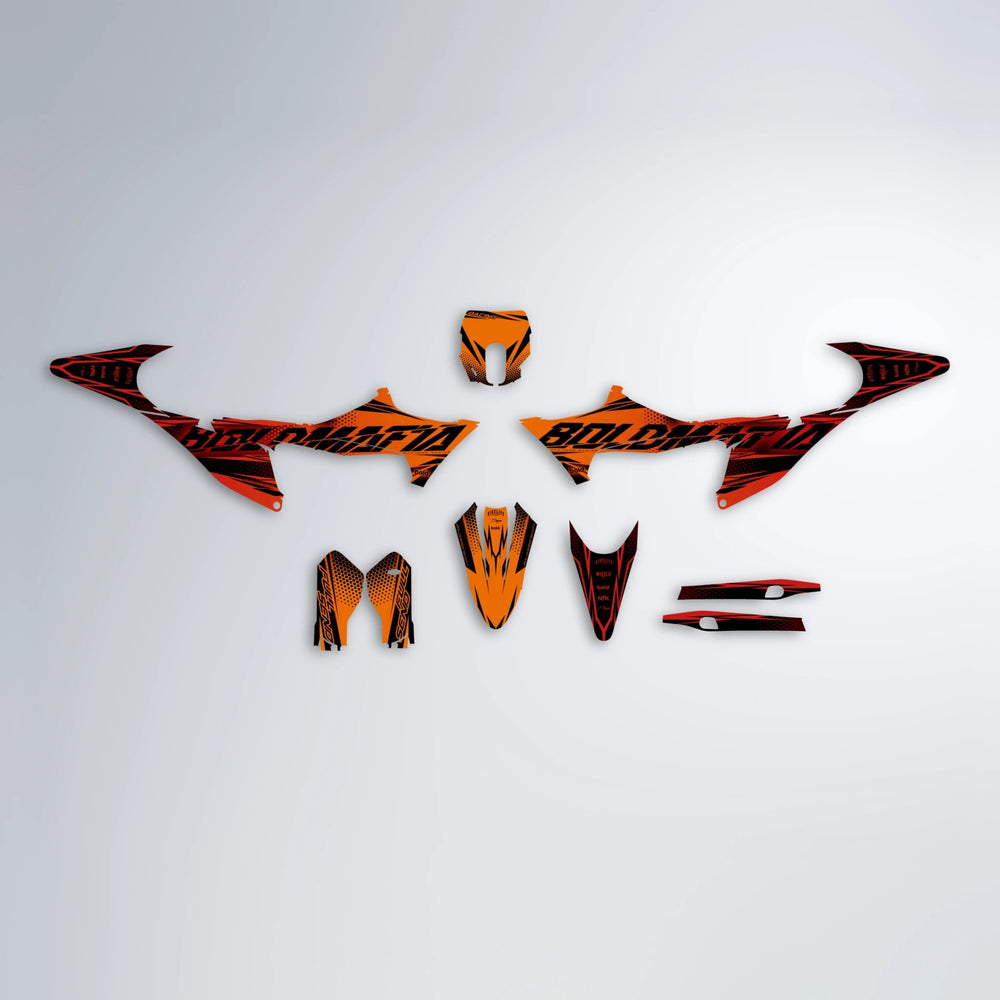 NIGHTFLARE Stark Varg MX graphics kit parts layout in Red & Orange