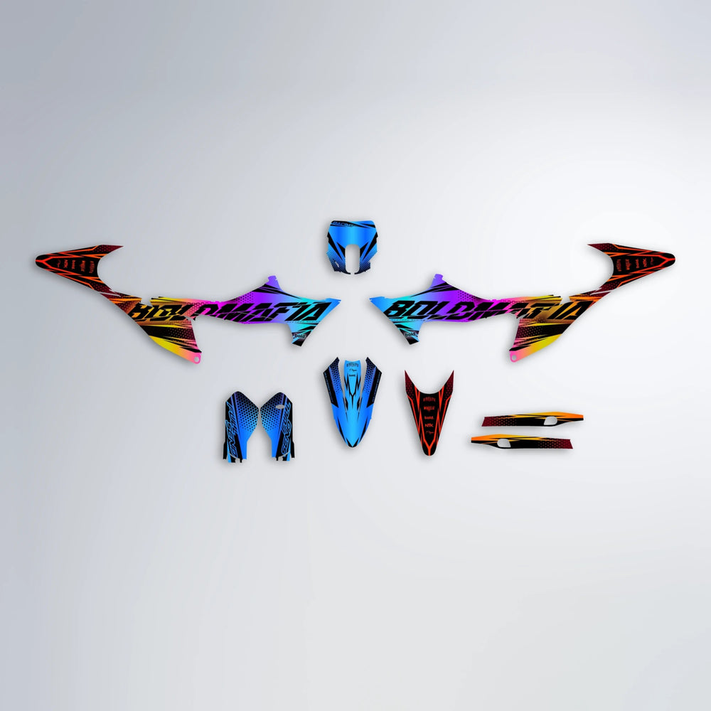 NIGHTFLARE Stark Varg MX graphics kit parts layout in Sunset Fade