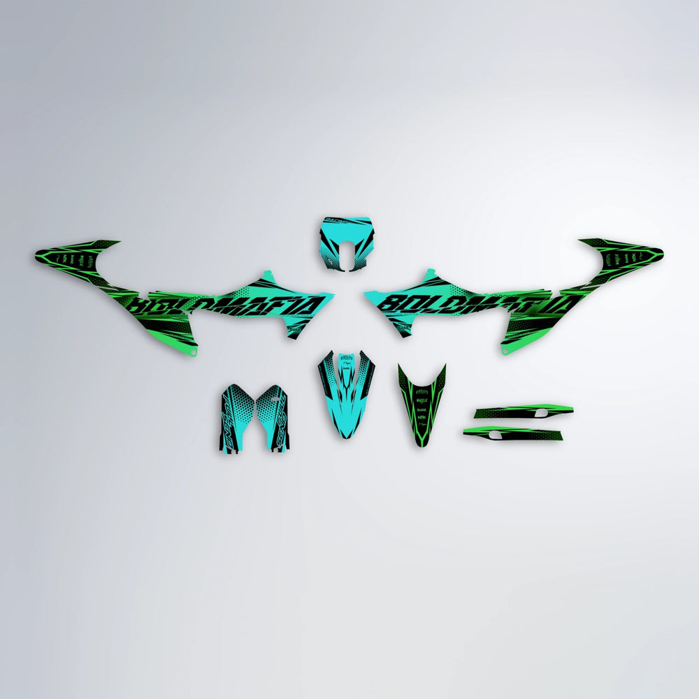 NIGHTFLARE Stark Varg SM graphics kit parts layout in Cyan & Green