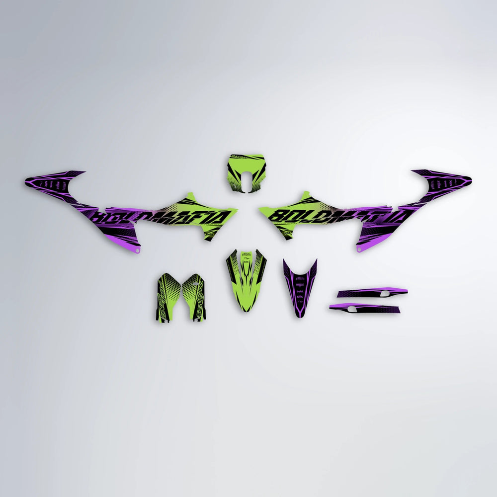 NIGHTFLARE Stark Varg SM graphics kit parts layout in Purple & Yellow