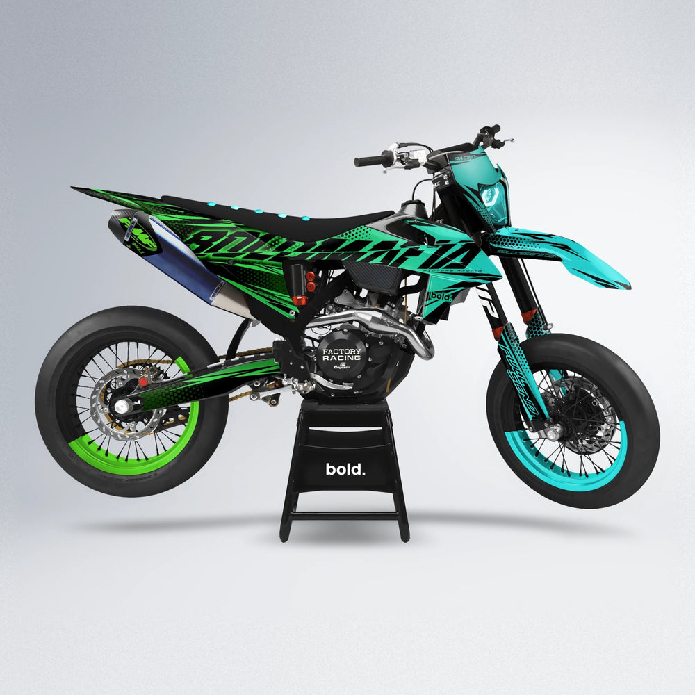 NIGHTFLARE supermoto graphics kit in Cyan & Green