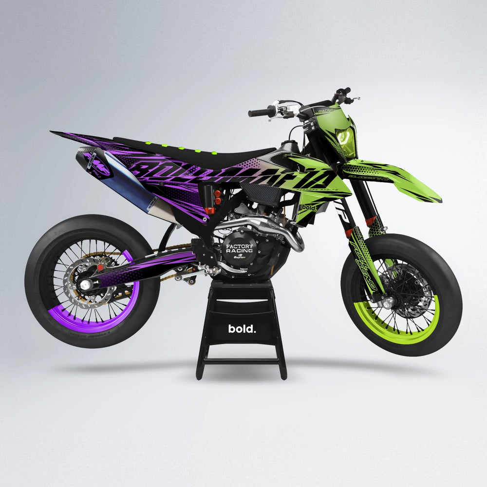 NIGHTFLARE supermoto graphics kit in Purple & Fluo Yellow