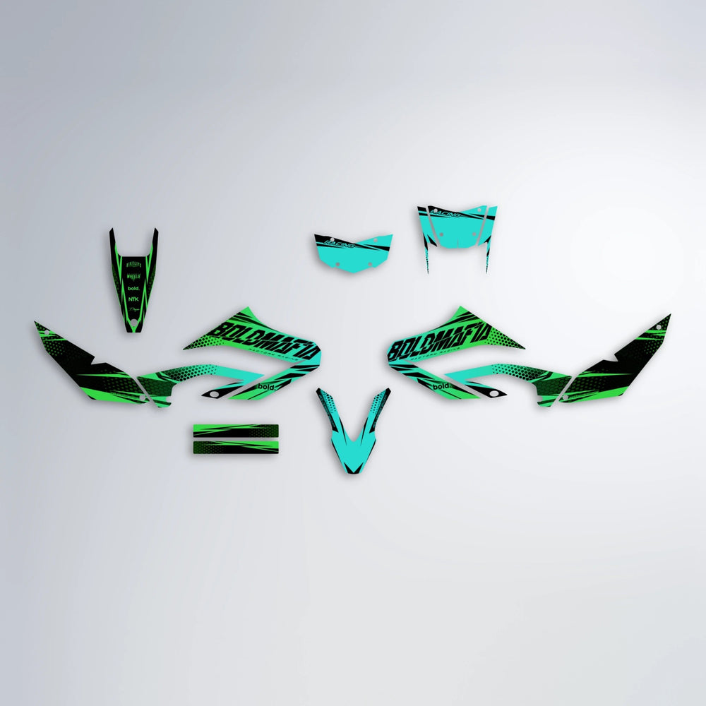 NIGHTFLARE Yamaha WR 125X graphics kit parts layout in Cyan & Green
