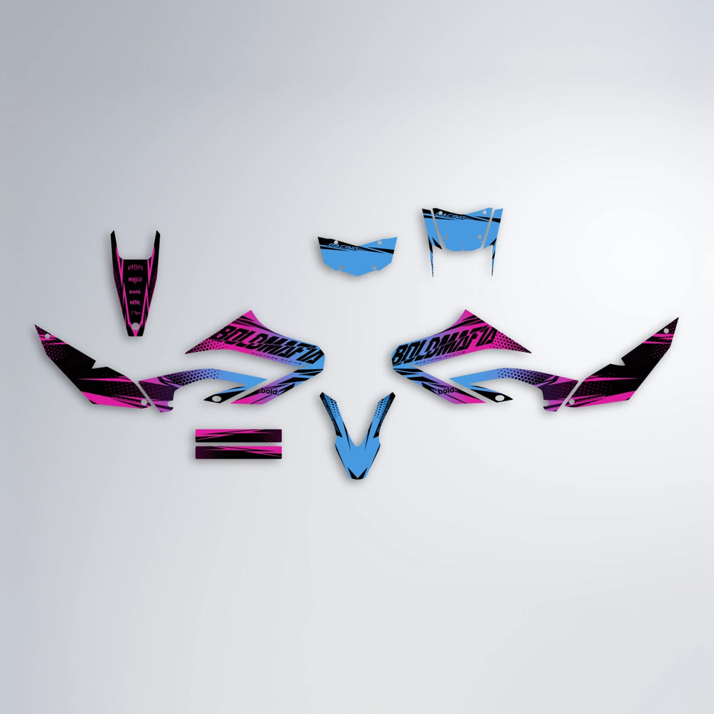 NIGHTFLARE Yamaha WR 125X graphics kit parts layout in Pink & Light Blue
