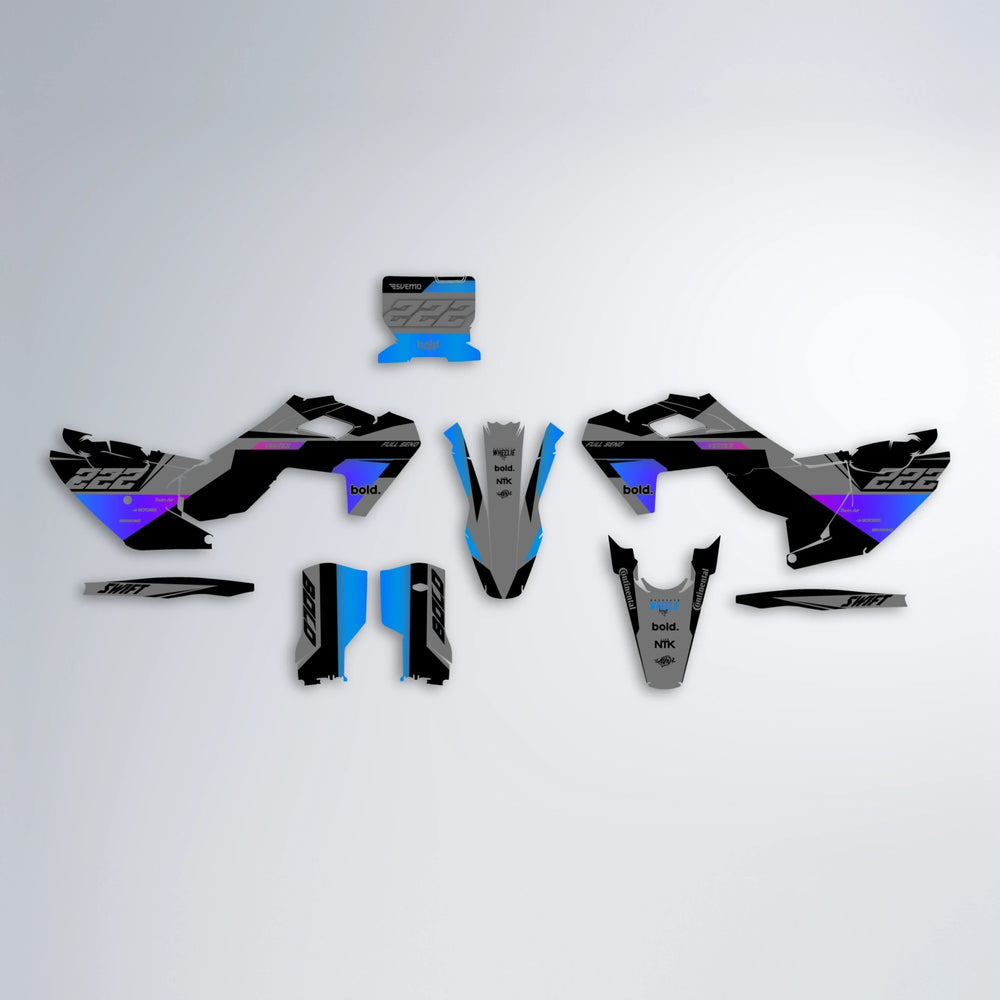 NOMAD Husqvarna FE/TE graphics kit parts layout in Blue Purple Fade