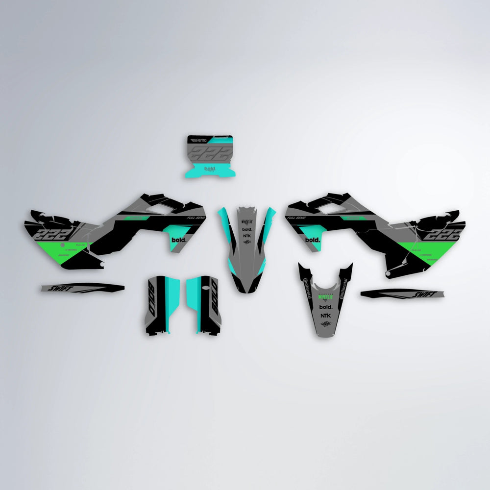 NOMAD Husqvarna FE/TE graphics kit parts layout in Cyan & Green