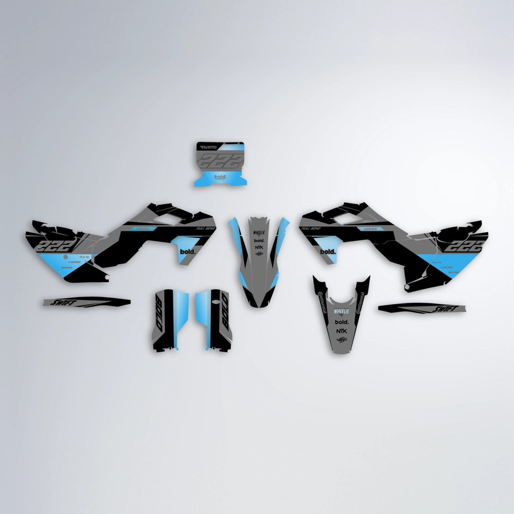 NOMAD Husqvarna FE/TE graphics kit parts layout in Light Blue & White